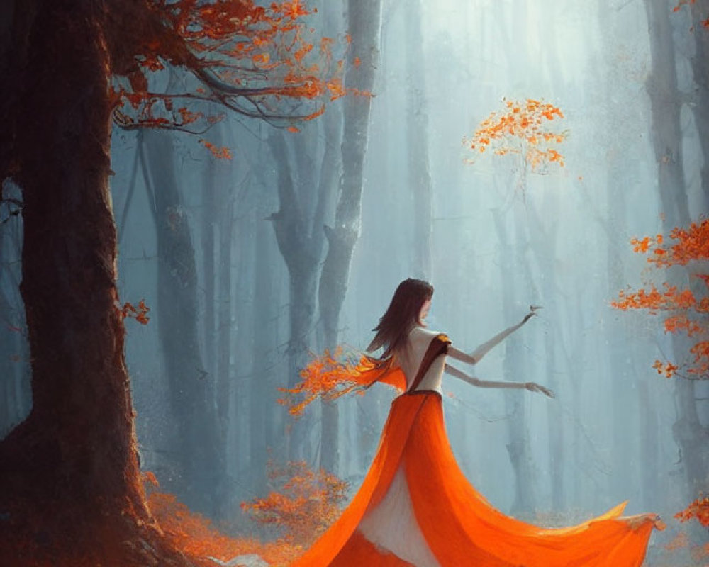 Woman in flowing orange dress in mystical forest with wand