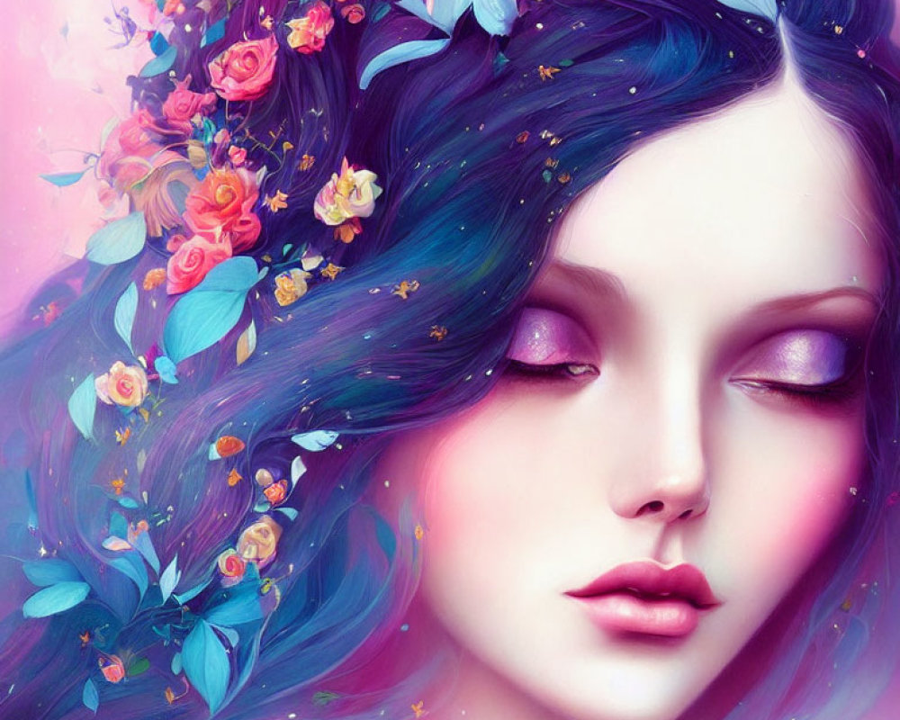 Digital artwork: Woman with purple hair, flowers, and butterflies on soft pink background