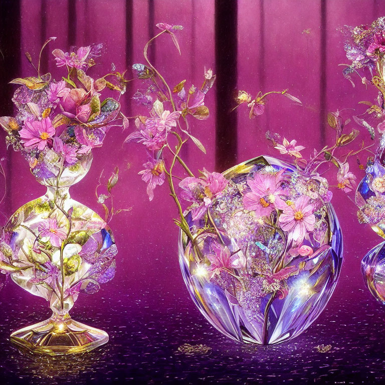 Artificial purple and pink flowers in clear vases on pink backdrop with magical sparkle