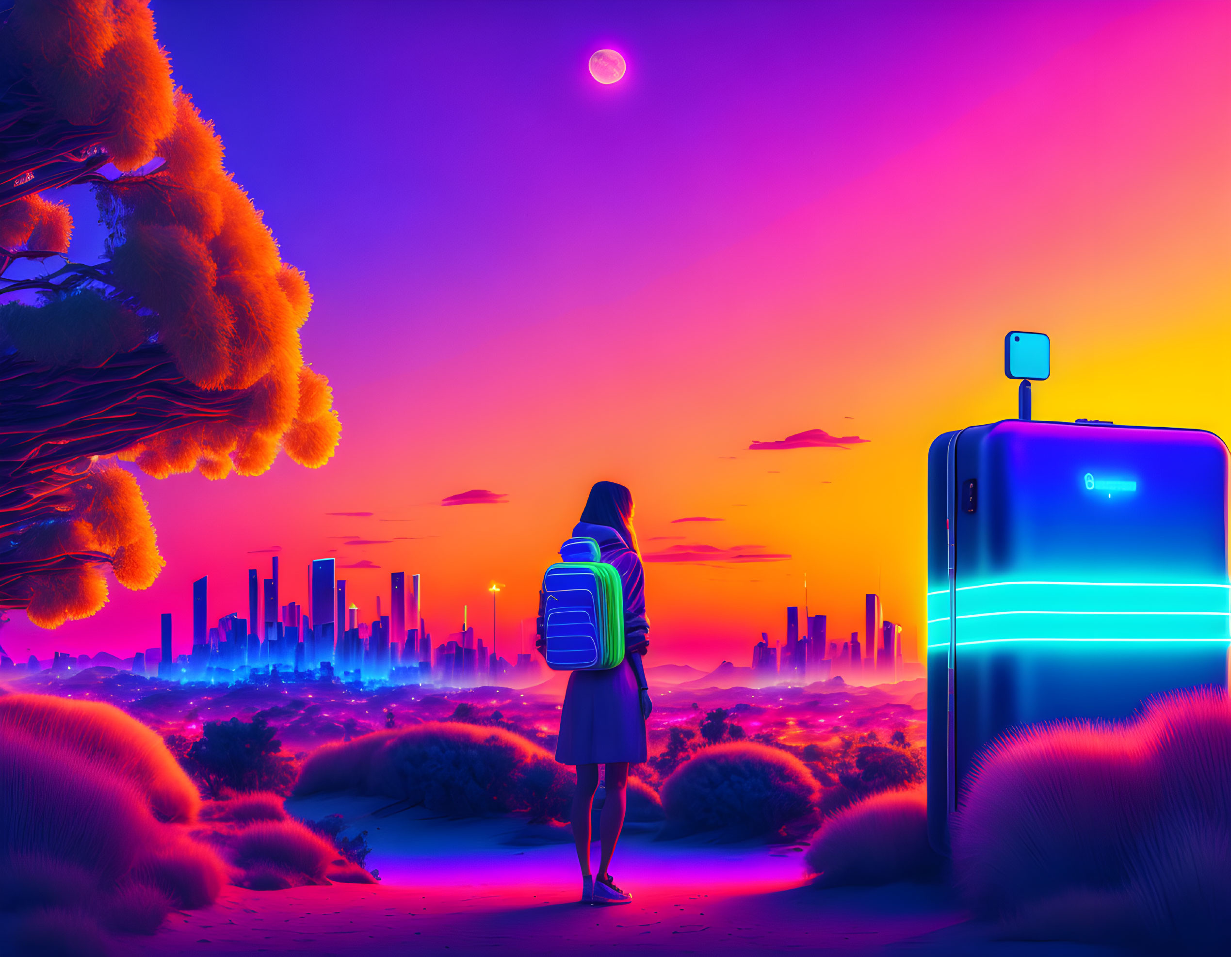 Futuristic cityscape at twilight with person and glowing suitcase