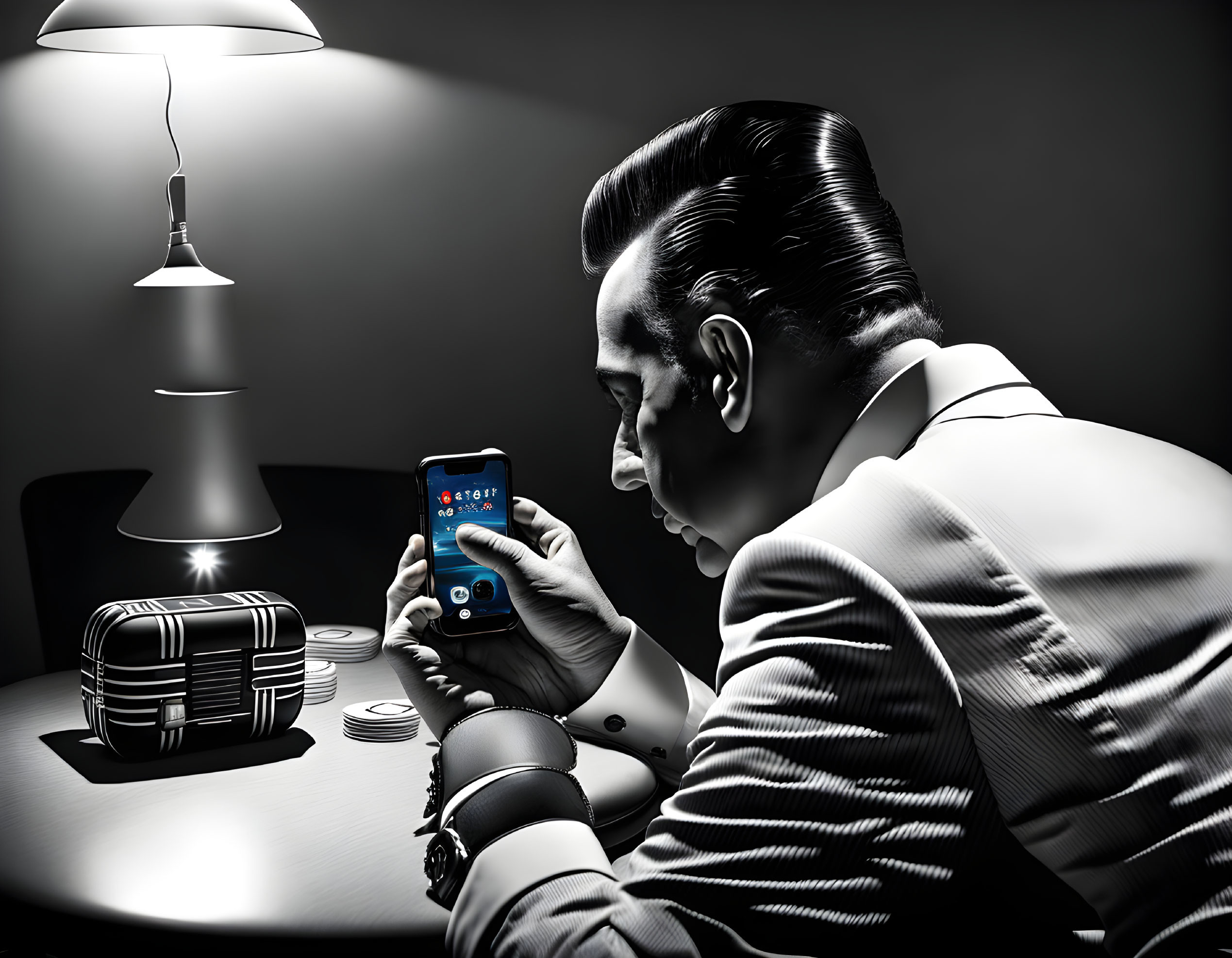 Monochrome illustration of a man in a suit with slicked hair checking smartphone at a table with poker