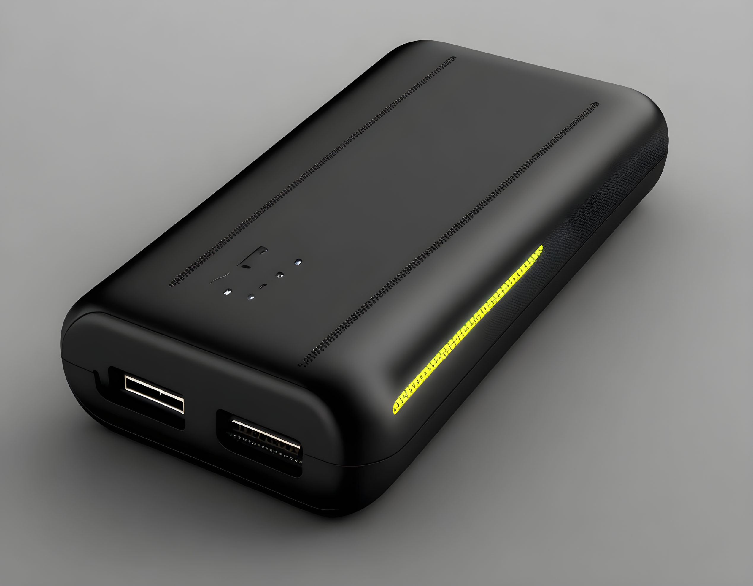 Compact Black Power Bank with LED Indicators & USB Ports on Gray Background