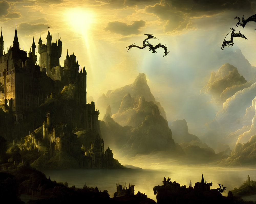 Fantasy landscape with castle, dragons, mountains, and sunset sky