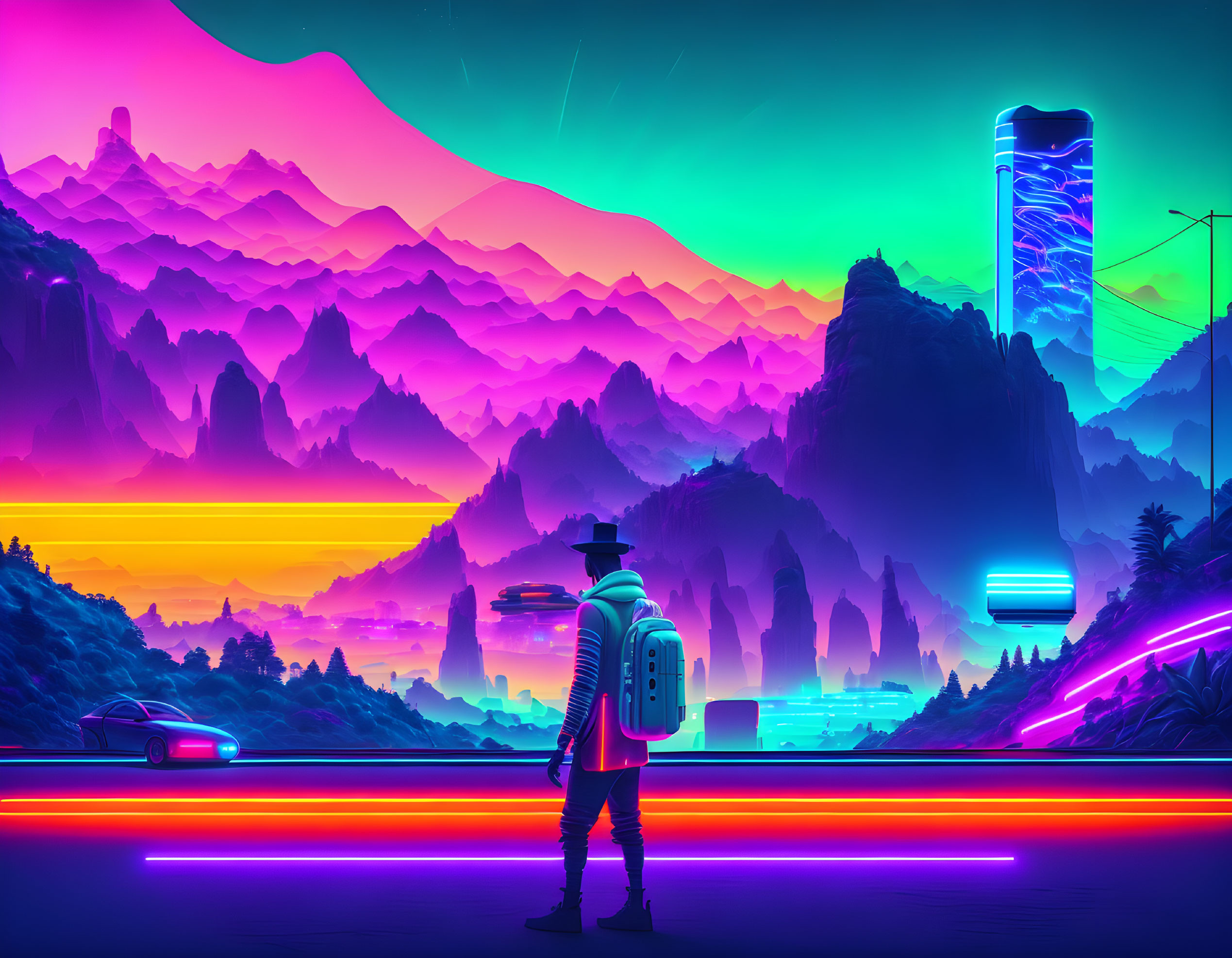 Person standing in neon-lit mountain landscape with glowing road