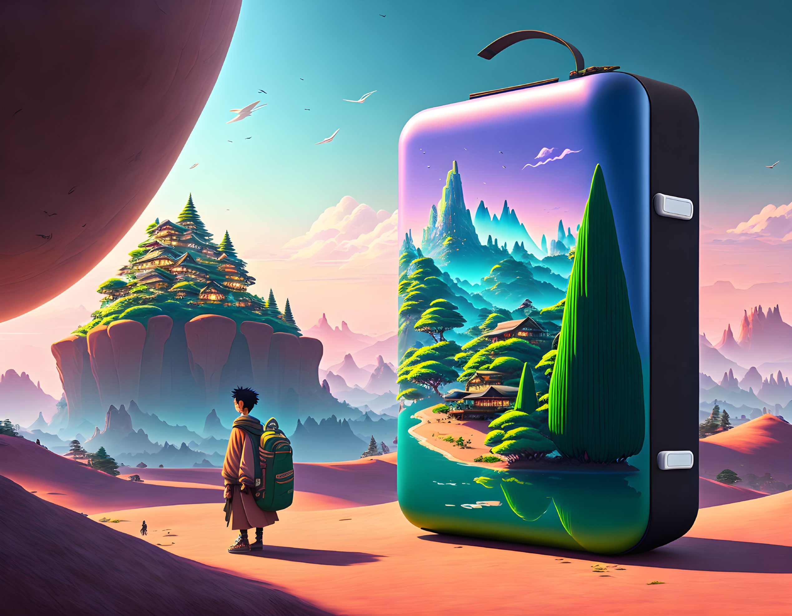 Fantasy landscape scene in giant suitcase with mountains, trees, birds, and pink sky.