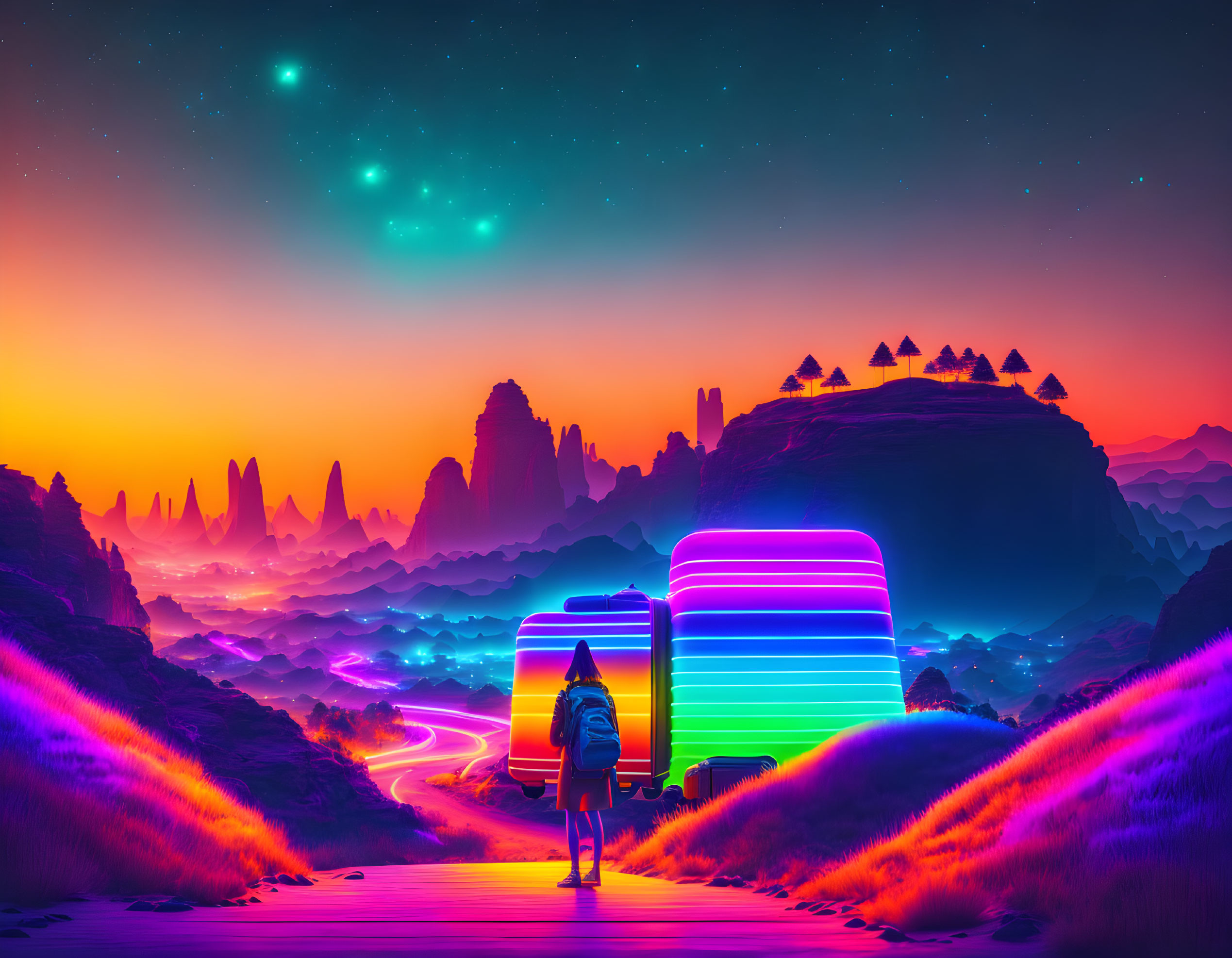 Person in futuristic alien landscape with vibrant colors and starry sky