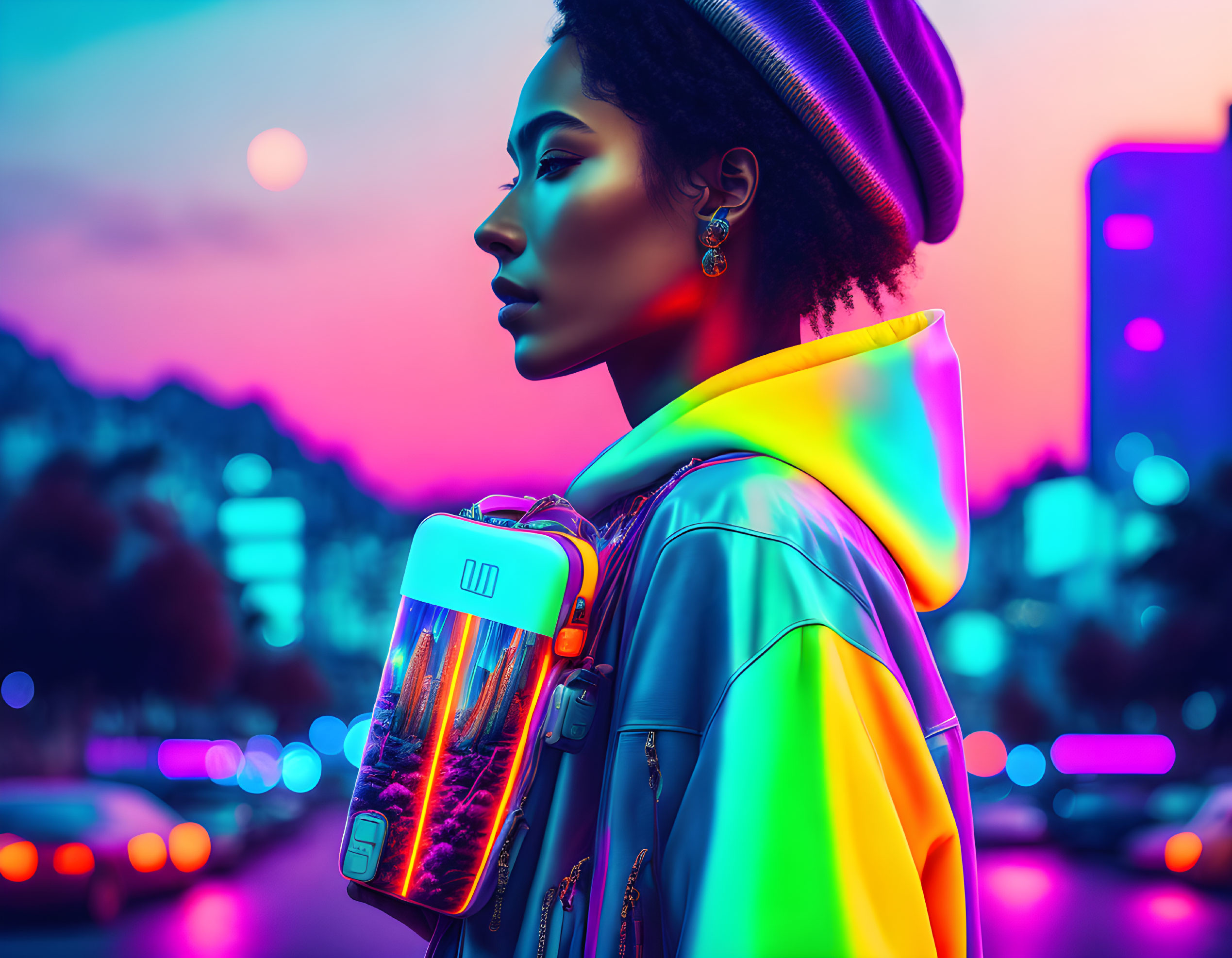 Stylish Woman with Transparent Backpack in Neon City Lights