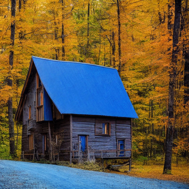 Rustic wooden cabin with blue roof in autumn forest