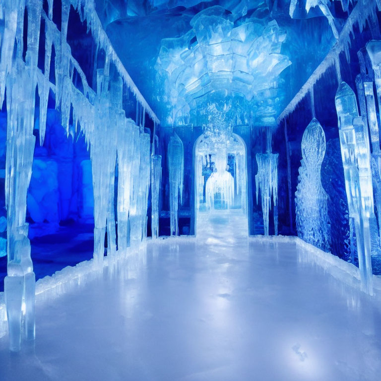 Blue Ice Cave with Intricate Icicles and Sculptures