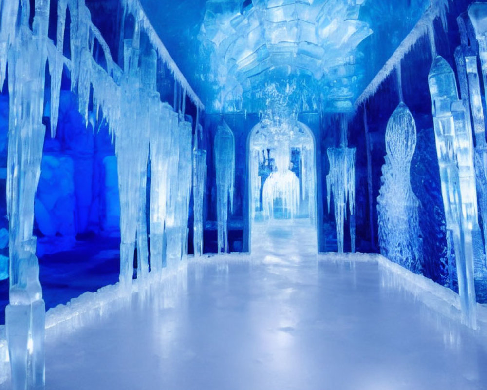 Blue Ice Cave with Intricate Icicles and Sculptures