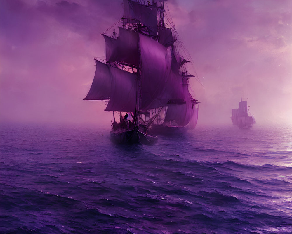 Sailing ships on misty purple waters at dusk