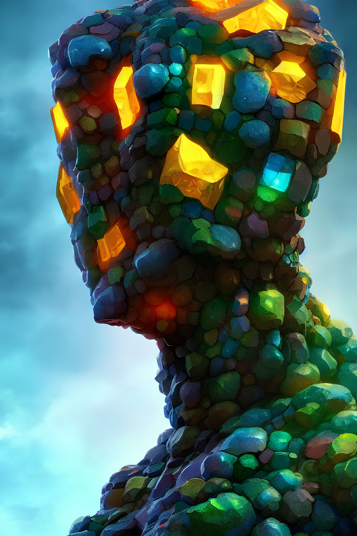 Colorful Crystal Mosaic Humanoid Figure in Cloudy Sky