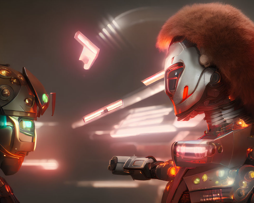 Futuristic robots with glowing elements in warm lighting, one with red furry collar and weapon