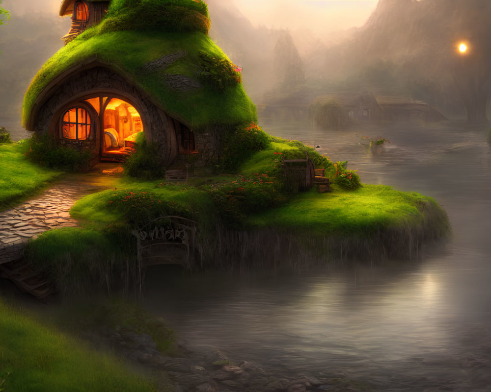 Thatched Roof Cottage in Misty Landscape by River at Sunset