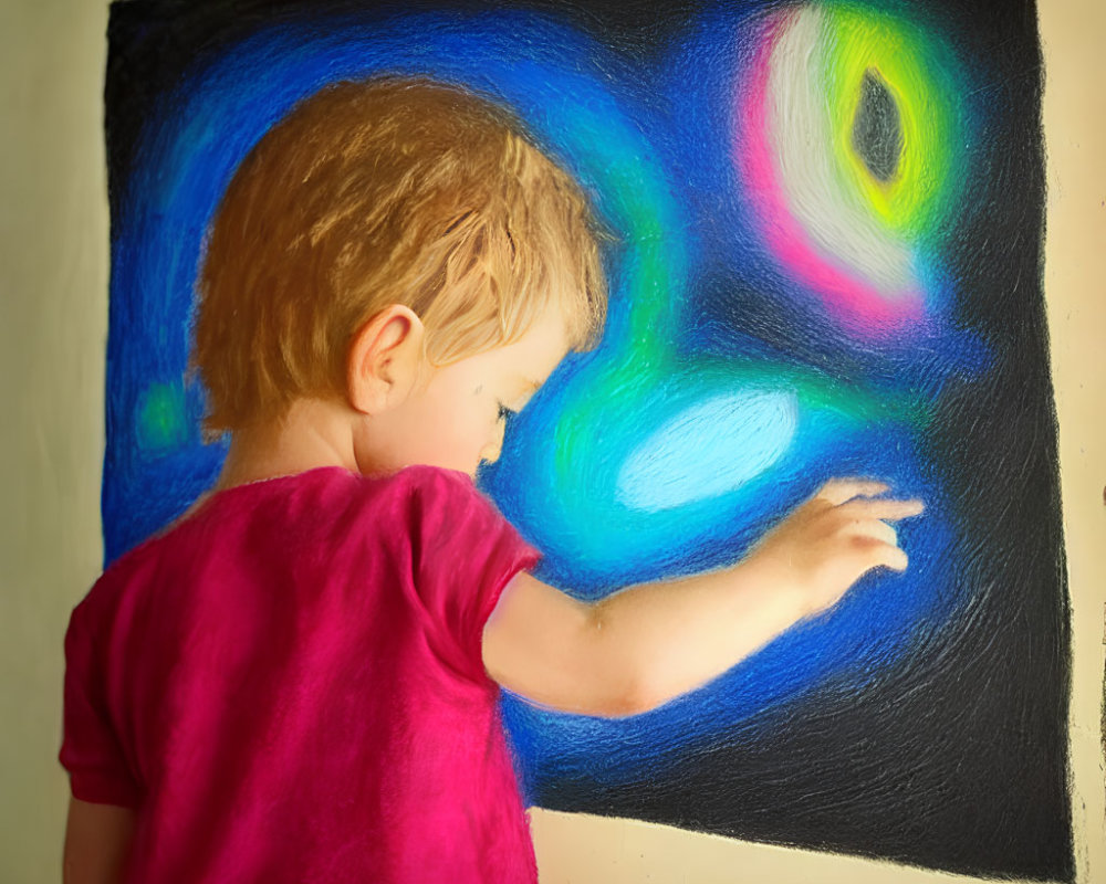 Child in Pink Shirt Reaches for Colorful Chalk Drawing