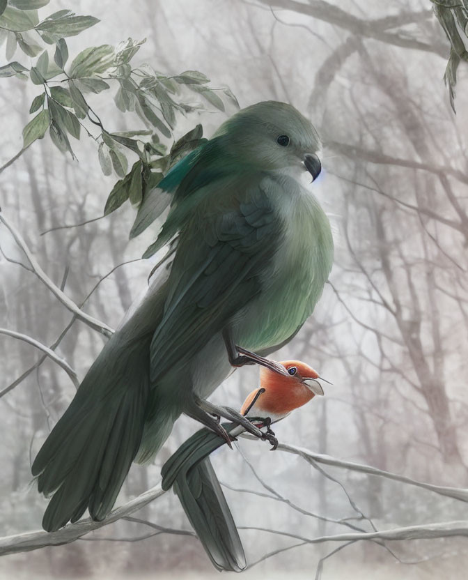 Green and Teal Bird with Orange Bird Perched on Leg in Foggy Forest