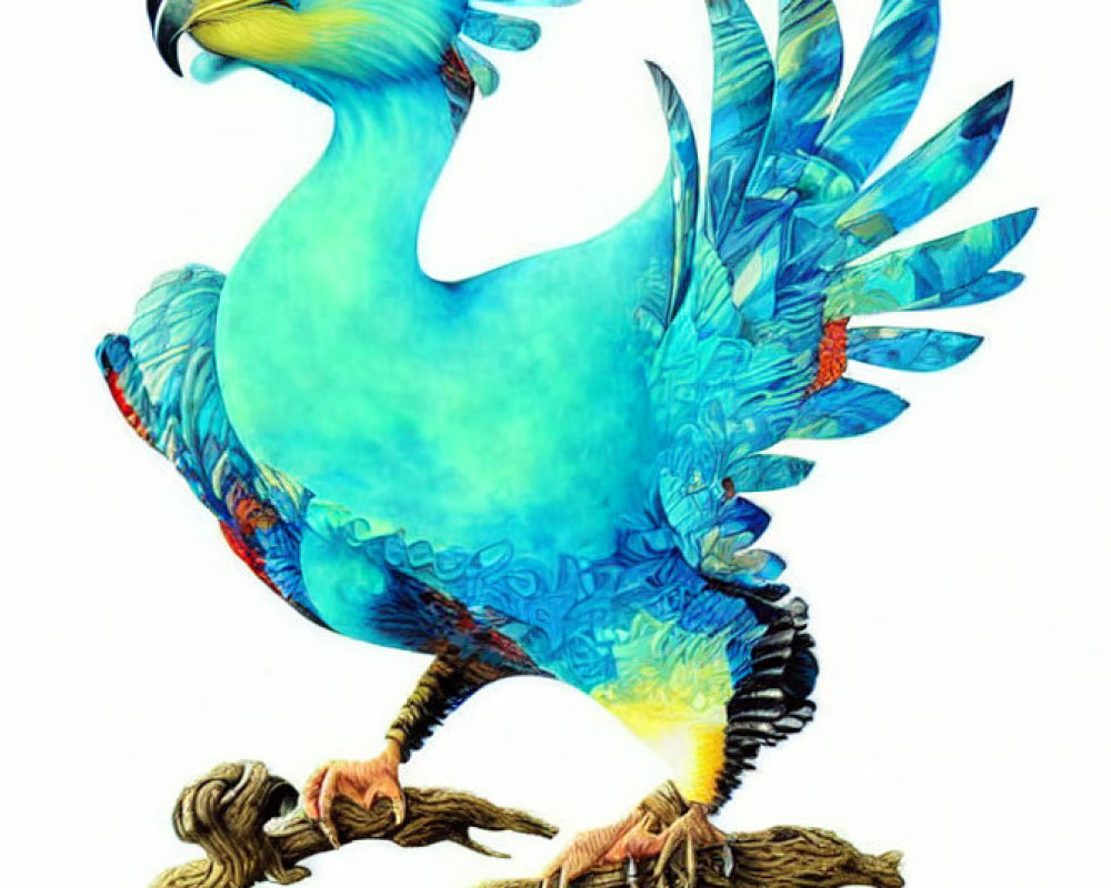 Anthropomorphic bird with blue feathers perched on a branch