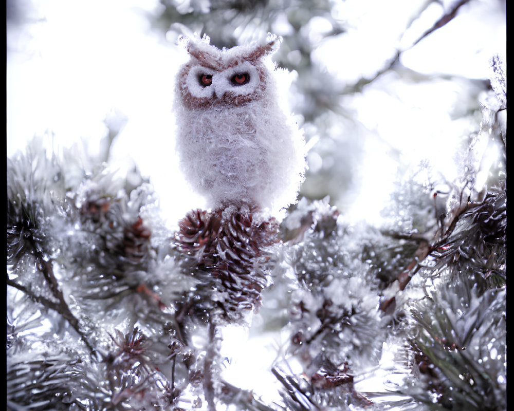 Plush Toy Owl on Pine Branch in Snowy Scene