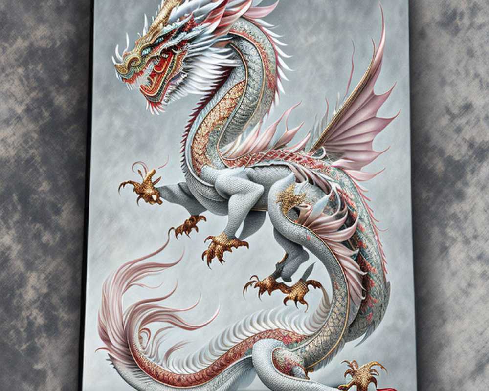 Detailed Artwork of Majestic Dragon with Red Accents and Wings on Gray Textured Background