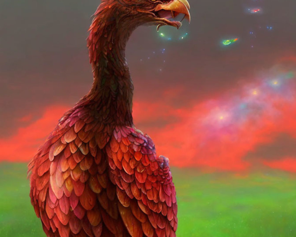 Vibrant red fantasy bird with glowing green motes in dusky sky