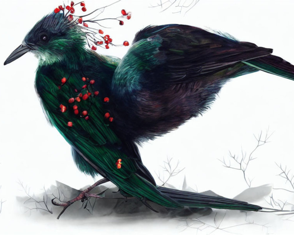 Surreal illustration: Large bird with green feathers, red berries, bare branches on white.