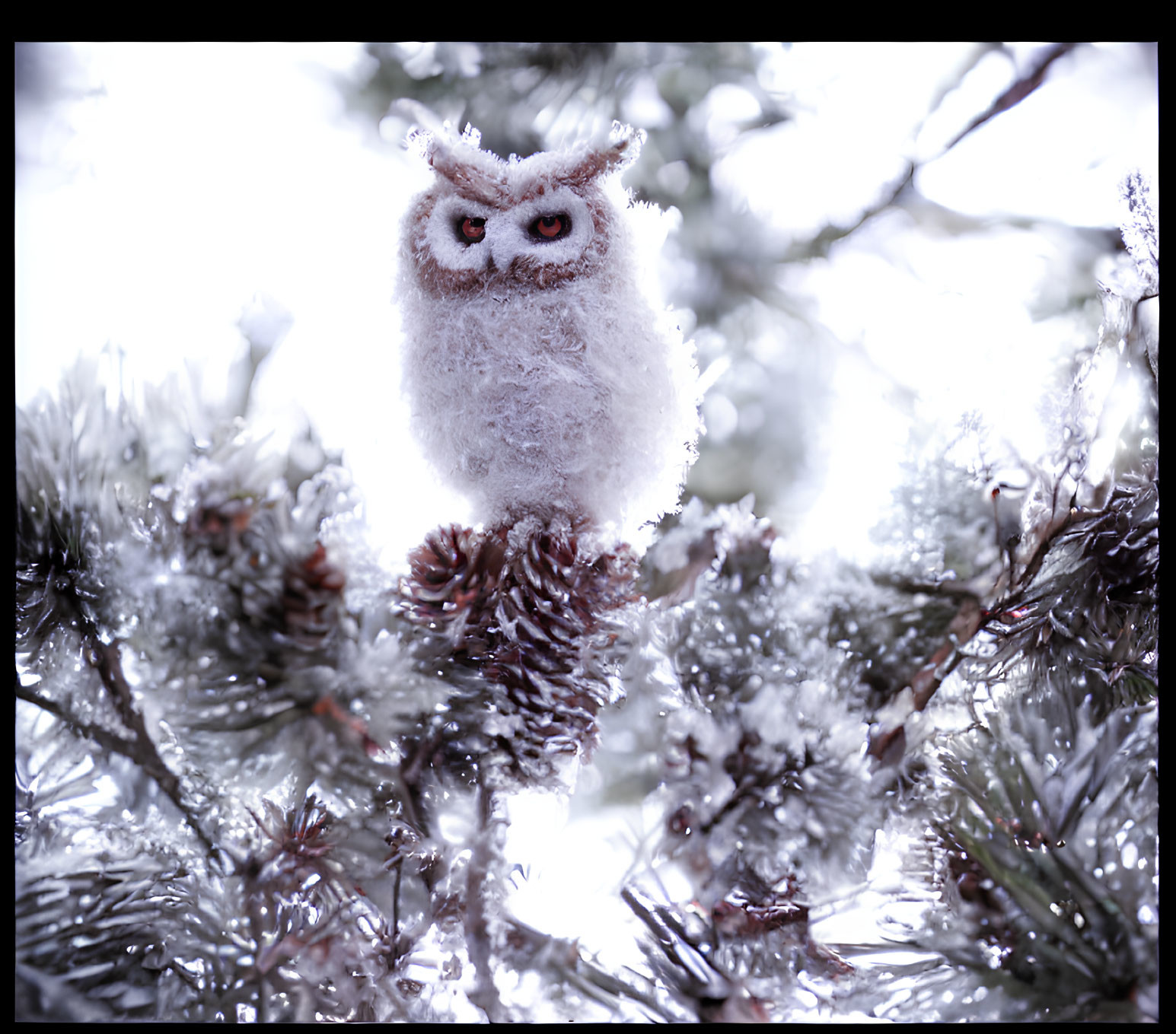 Plush Toy Owl on Pine Branch in Snowy Scene