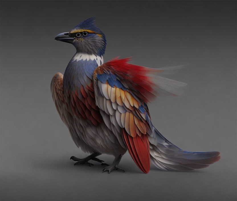Fantastical bird digital artwork with hawk and peacock features in gray, blue, red, and