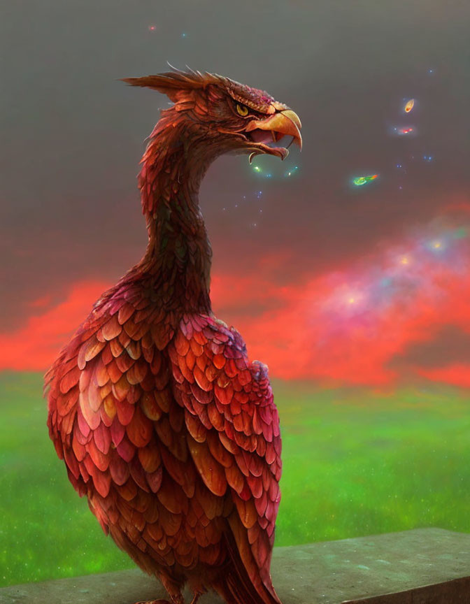 Vibrant red fantasy bird with glowing green motes in dusky sky