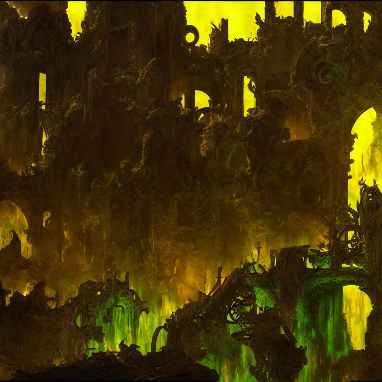 Dystopian landscape with ruins and arches in greenish-yellow glow