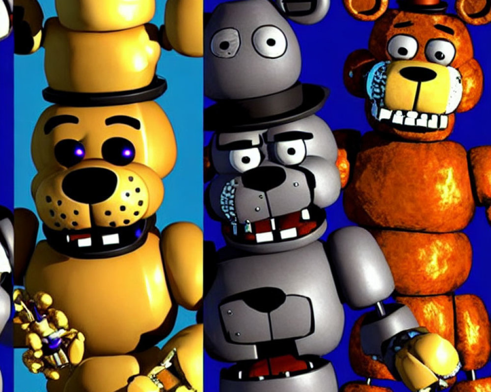 Four stylized bear characters with varied expressions and accessories on blue backdrop
