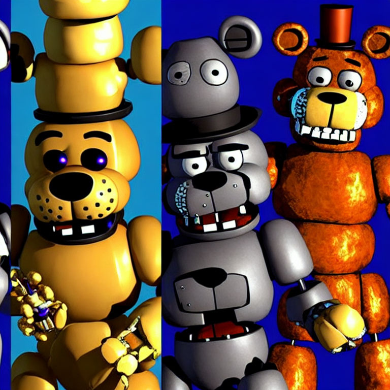 Four stylized bear characters with varied expressions and accessories on blue backdrop