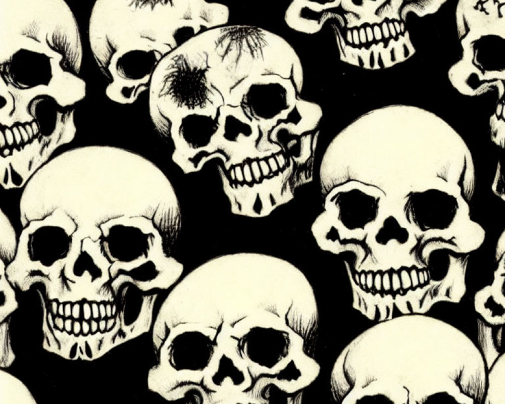 Illustrated Human Skulls Pattern on Black Background