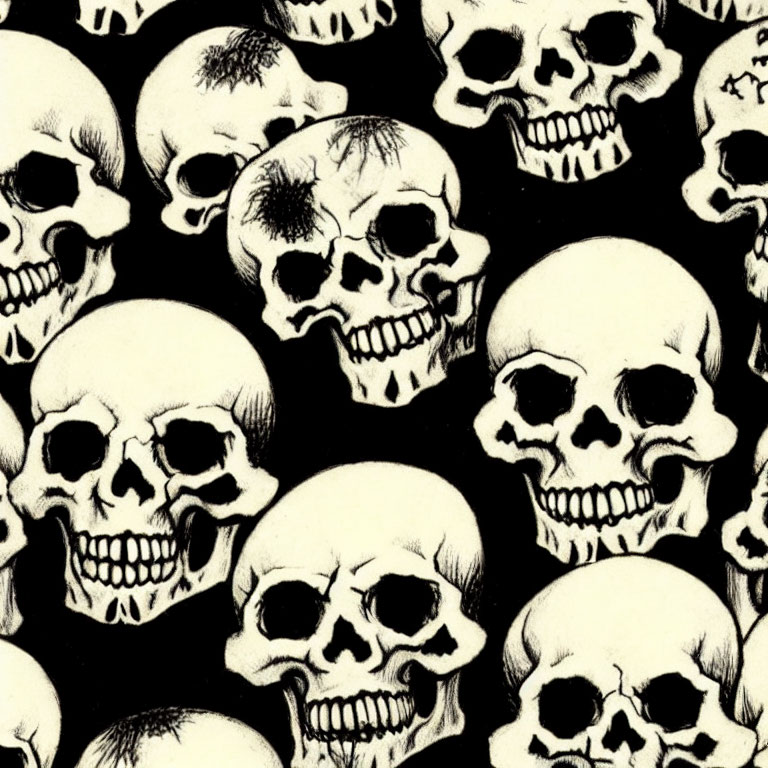 Illustrated Human Skulls Pattern on Black Background