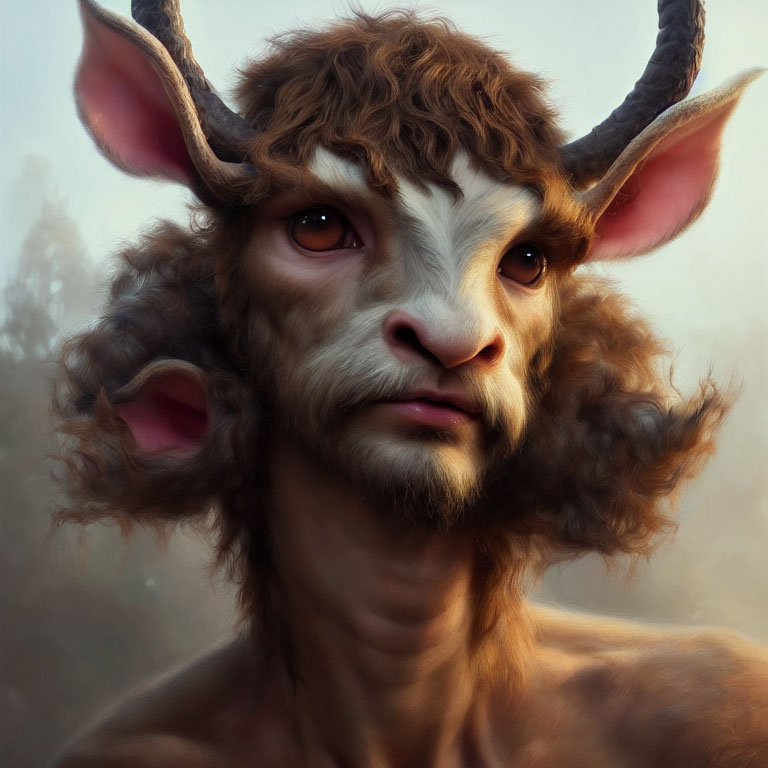 Digital artwork: Human face blended with goat features - horns, furry ears, emotive eyes
