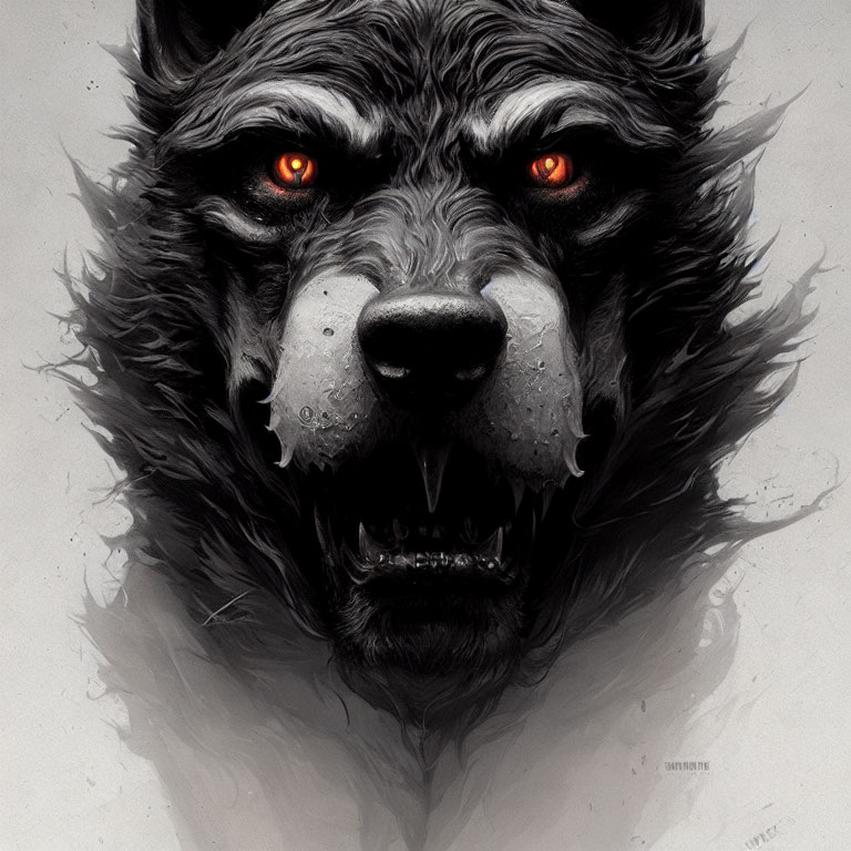 Detailed Digital Artwork: Snarling Wolf with Red Eyes and Fur Textures