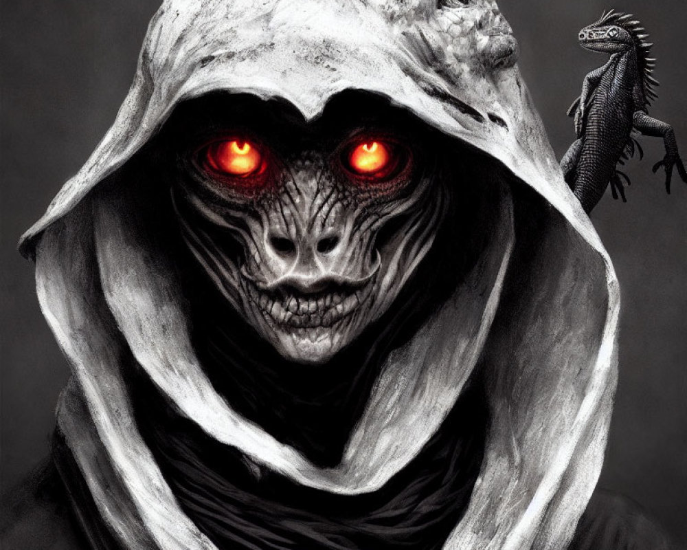 Sinister hooded creature with red eyes and iguana on shoulder in dark setting