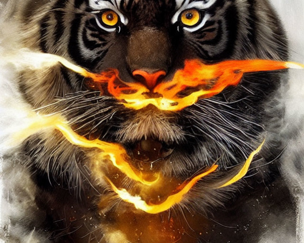 Vivid tiger artwork with striking eyes and fiery patterns on foggy background