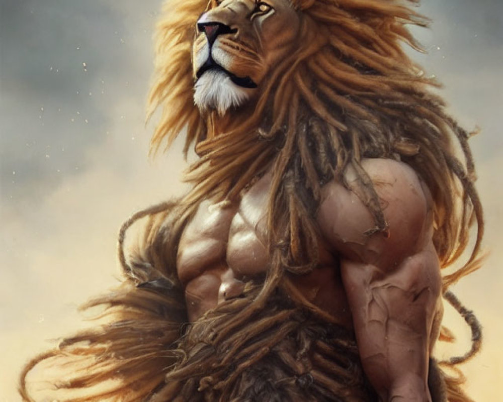 Anthropomorphic lion with muscular body against cloudy sky.
