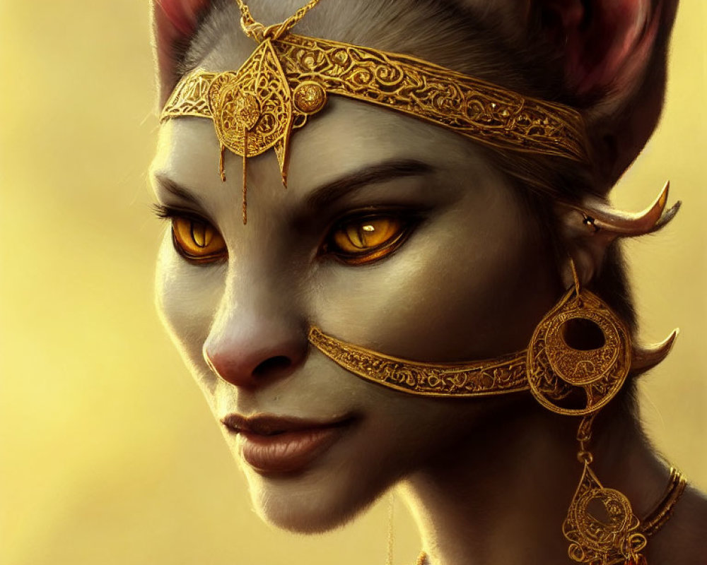 Fantasy character with feline features and golden jewelry.