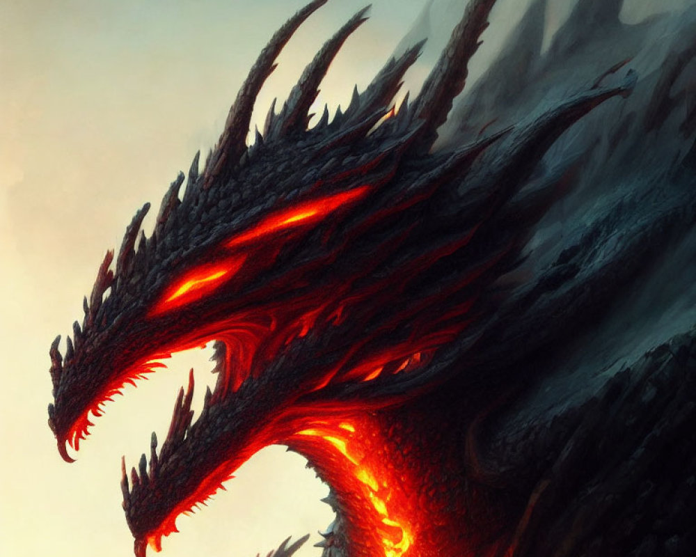 Black-Scaled Dragon with Red Eyes and Molten Cracks on Dark Background