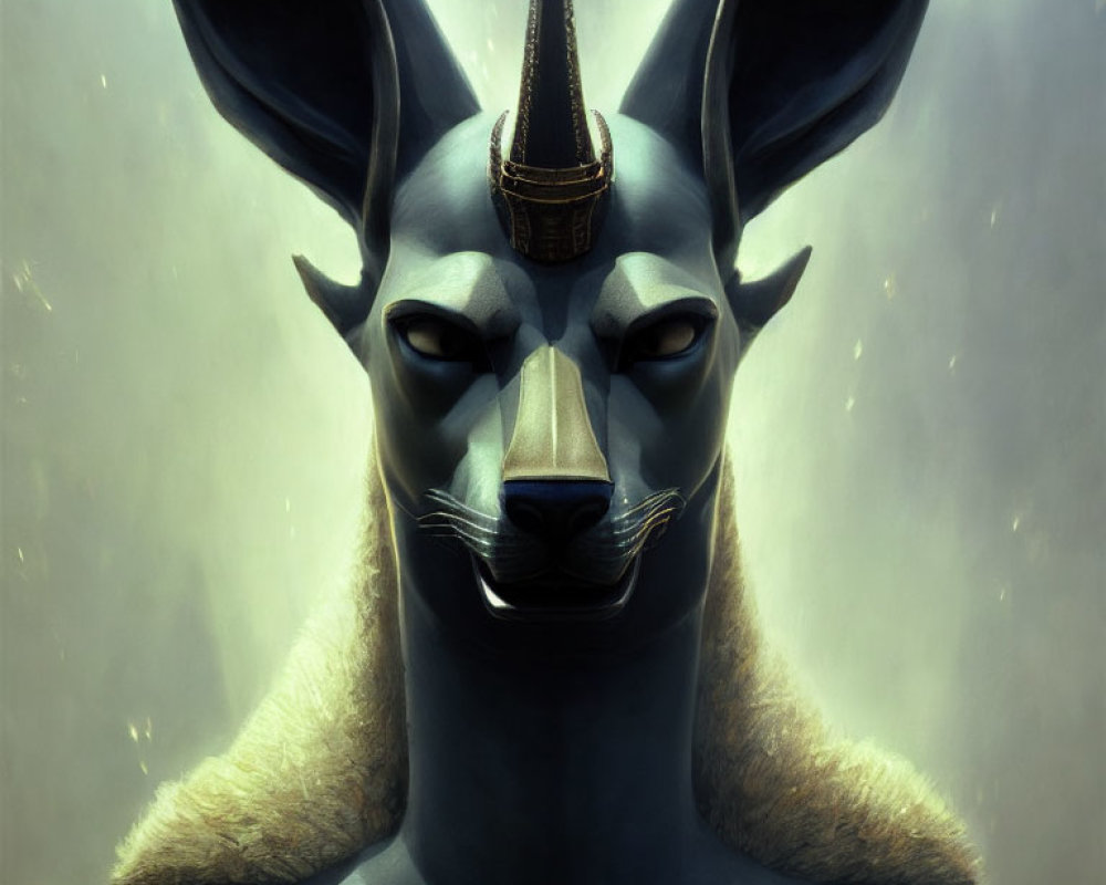 Anthropomorphic Egyptian jackal-headed god with golden crown.