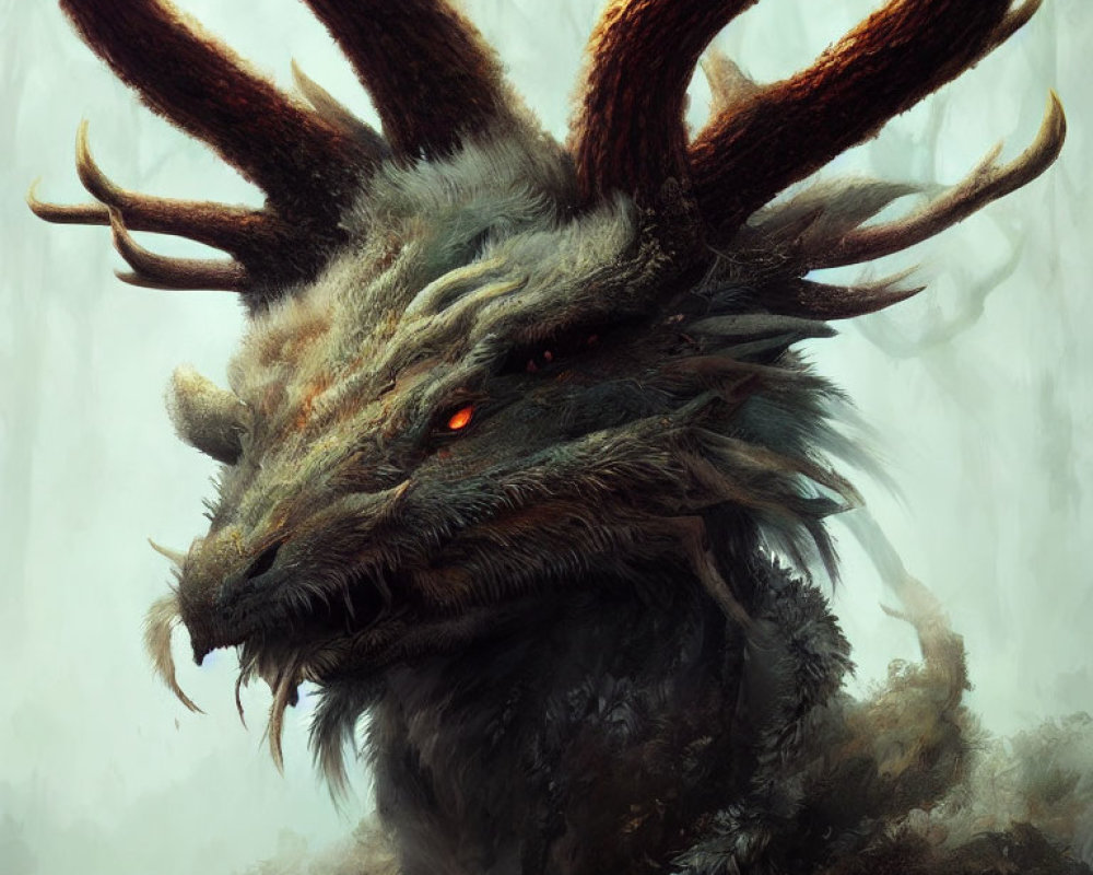Dragon-headed creature with stag-like antlers and red eyes in misty setting