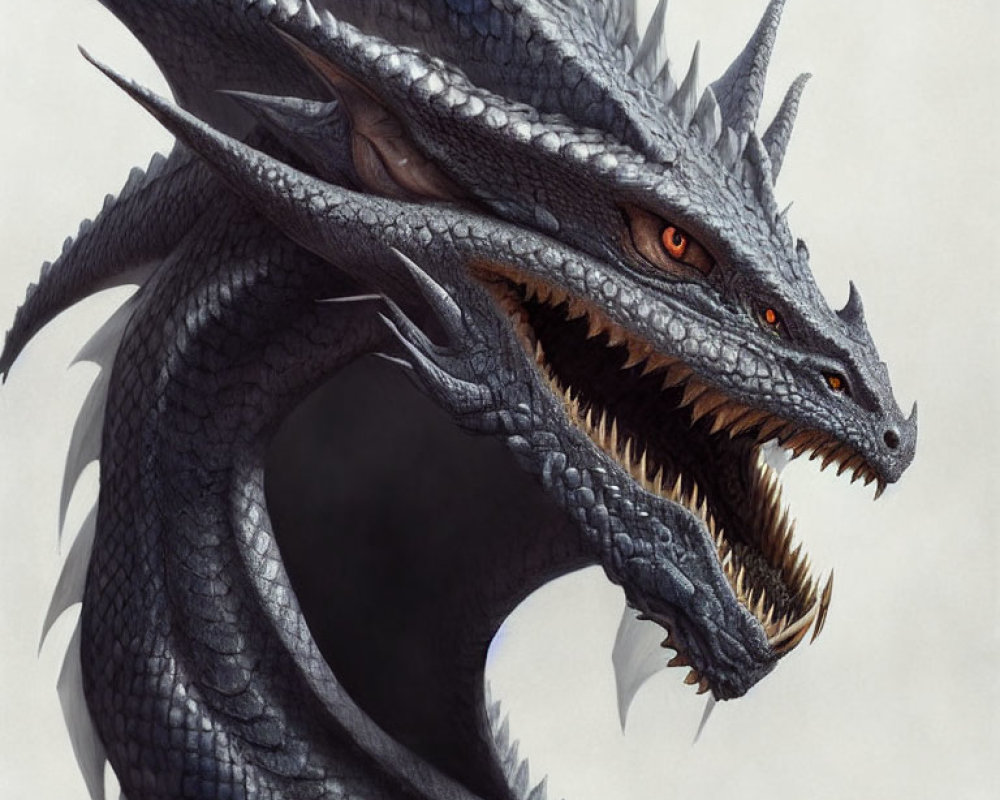 Detailed Dragon Illustration: Blue Scales, Orange Eyes, Sharp Teeth