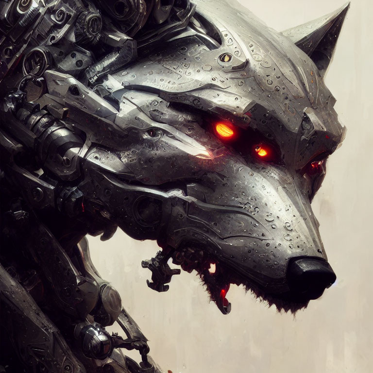 Detailed digital artwork of mechanized wolf with glowing red eyes and raindrops on metallic fur
