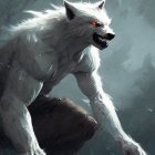 Menacing white werewolf with bared fangs in misty forest