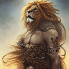 Anthropomorphic lion with muscular body against cloudy sky.