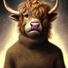 Highland cow digital art: shaggy hair, horns, brown turtleneck sweater