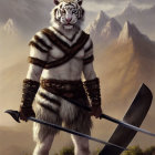 White Tiger Warrior with Scythe in Tribal Garments Against Mountainous Backdrop