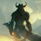 Dragon humanoid creature in armor with horns and wings on misty mountains