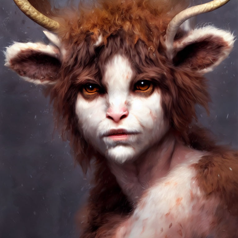 Fantastical creature with human-like face, furry ears, horns, and amber eyes on grey background
